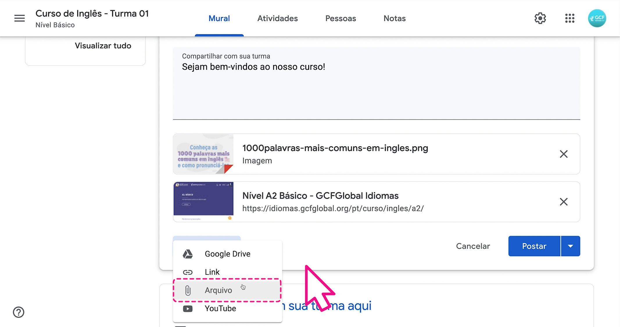 como incluir um arquivo anexo no mural do google sala de aula - imagem1